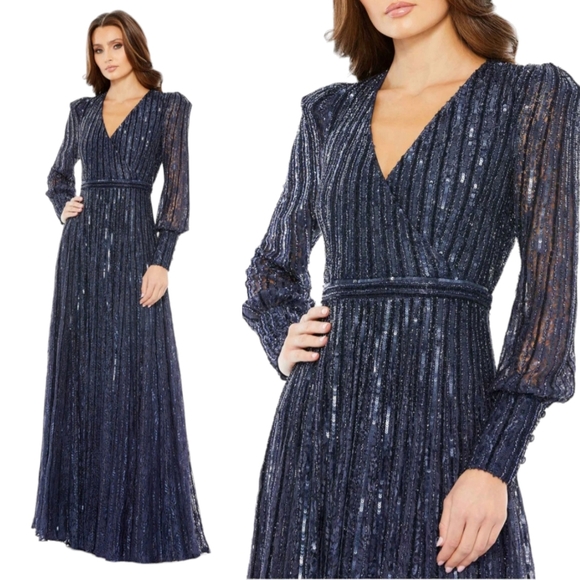 Mac Duggal size 14 Beaded Lace Longsleeve Wrap Over Midnight Navy 93679D dress - Picture 1 of 16